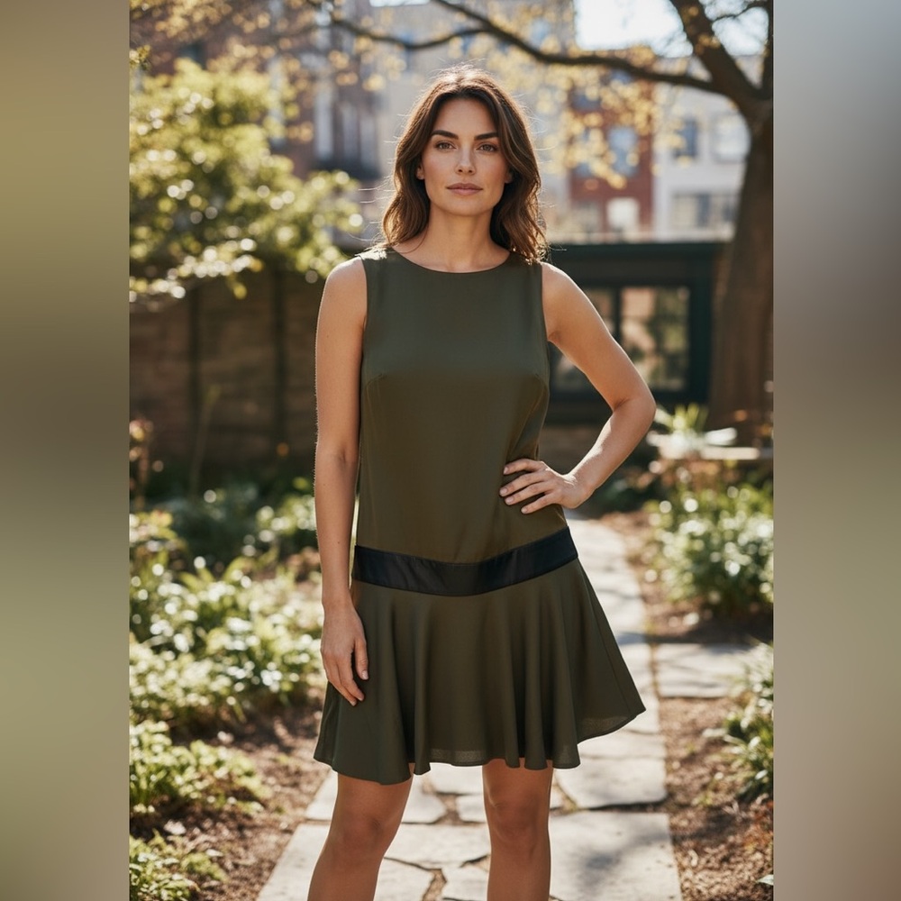 Alice + Olivia Sample Olive Drop Waist Dress With Leather Detailing Size 4 - Picture 1 of 15